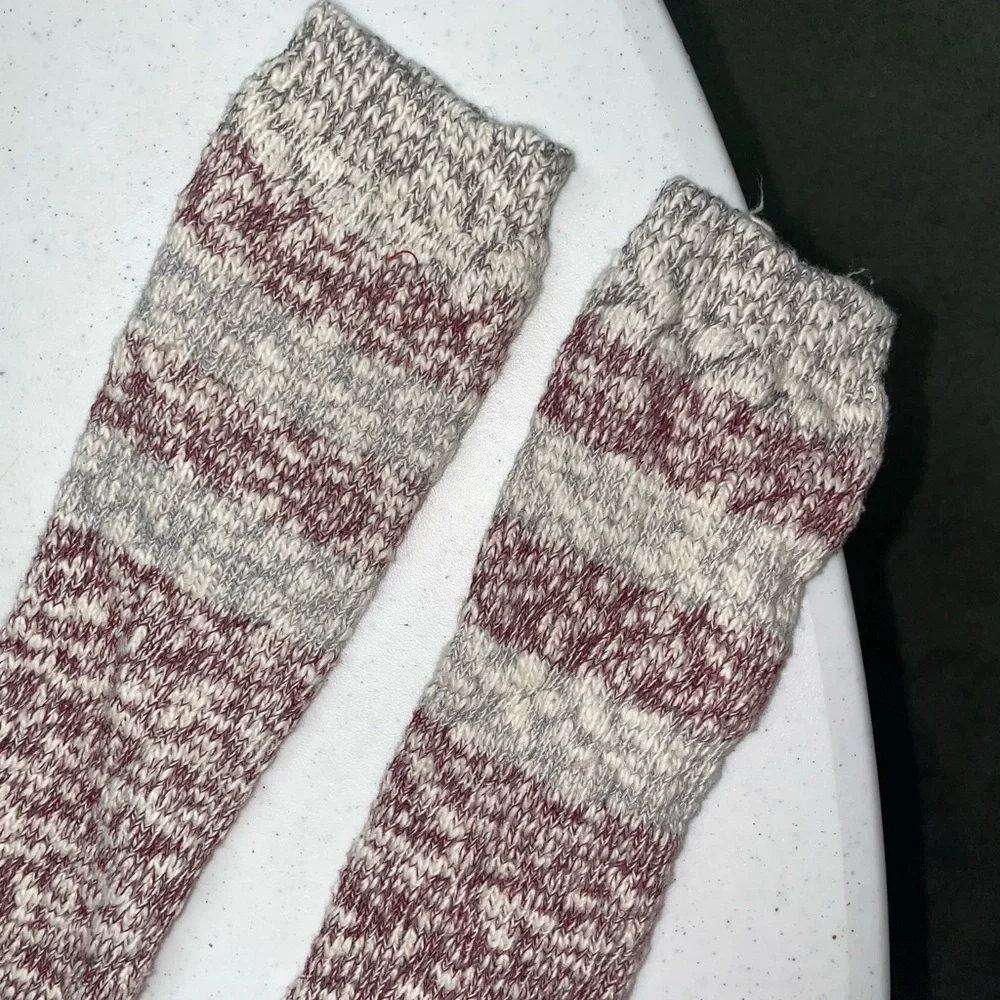 Burgundy‎ Gray Knit Knee High Boot Socks Winter Cozy